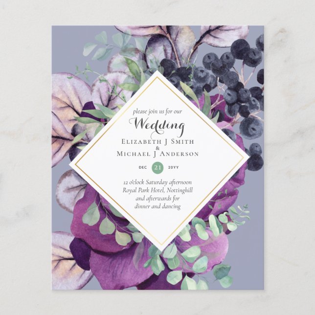 Flyer BUDGET Purple Blue Floral Casamentos (Frente)