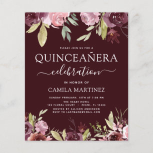 Flyer Budget Quinceanera Burgundy Pink Floral Invitation