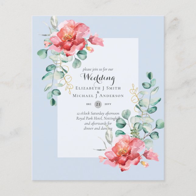 Flyer BUDGET Red Floral Eucalyptus Greenery Folha WEDDIN (Frente)