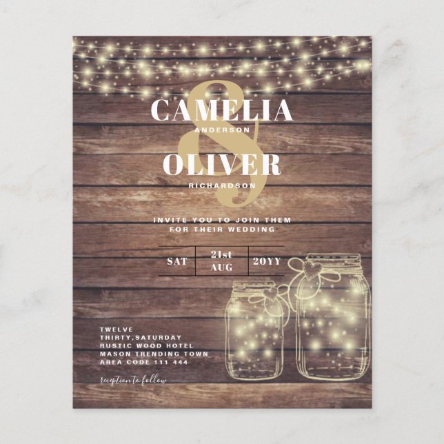 Flyer BUDGET Rustic Mason Jar Luz Madeira CASAMENTO (Frente)