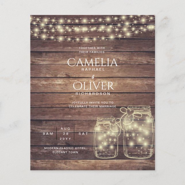 Flyer BUDGET Rustic Mason Jar Luz Madeira CASAMENTO (Frente)