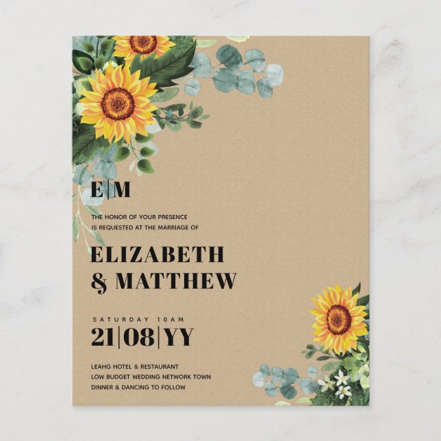 Flyer BUDGET Rustic Sunflower Texto Moderno Casamento (Frente)