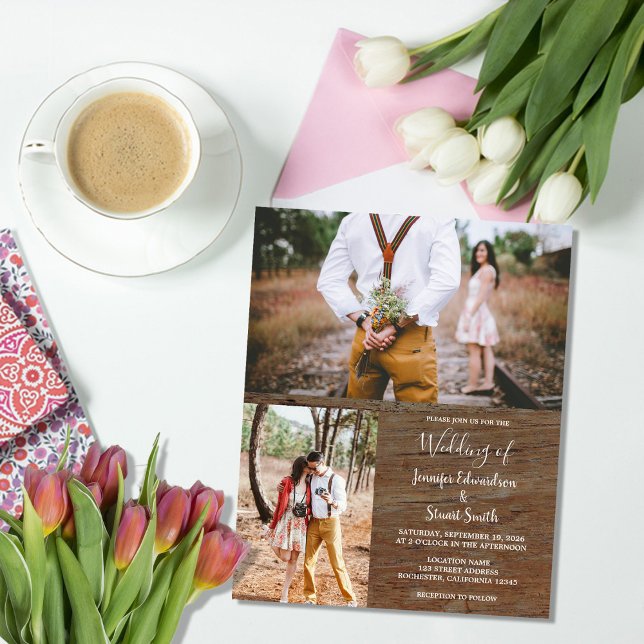 Flyer Budget rustic wood photo wedding invitation (Budget rustic wood photo wedding invitation flyer. You can add your own photos to personalize.)