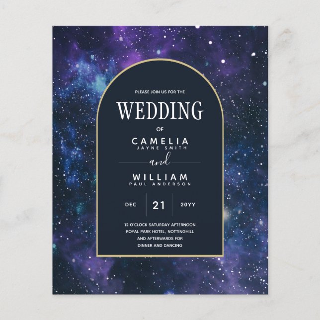 Flyer BUDGET Starry Night Purple Blue Convite de casamen (Frente)