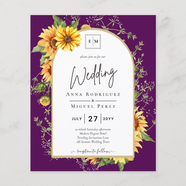 Flyer BUDGET Sunflowers Wedding Invite QR Code RSVP  (Frente)