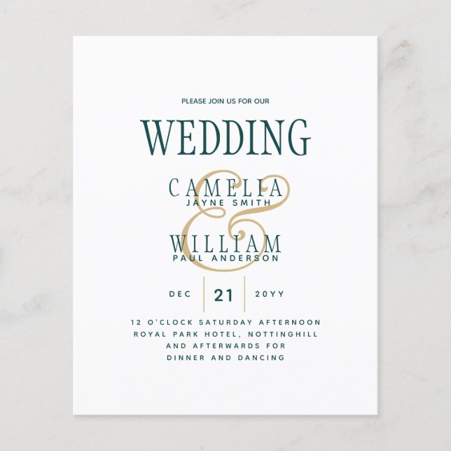 Flyer BUDGET TEAL Convite de casamento monocromático ver (Frente)