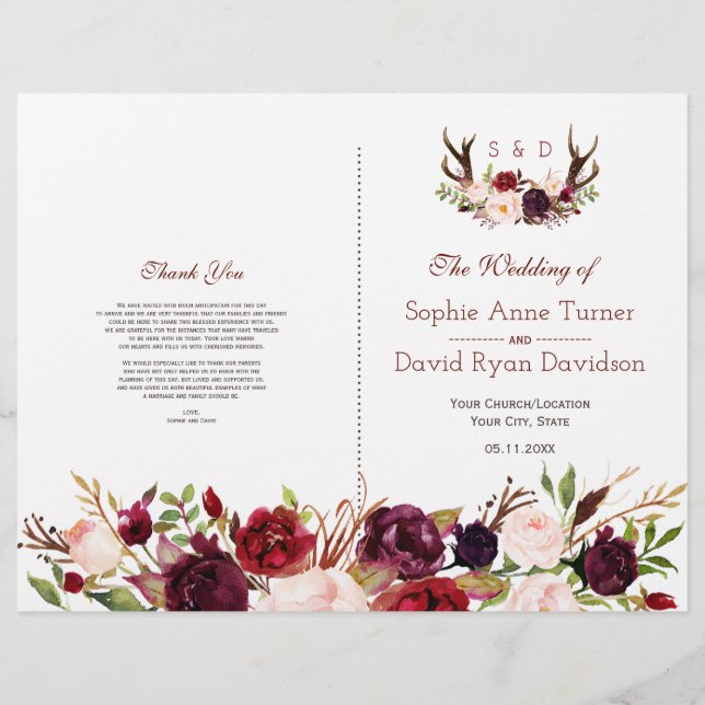 Flyer Burgundy Blush Floral Antlers Casamento (Frente)
