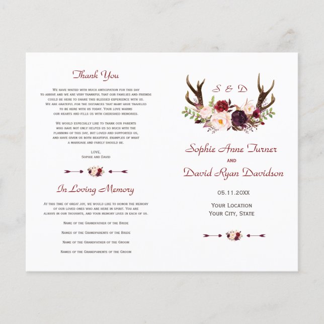 Flyer Burgundy Blush Floral Antlers Casamento (Frente)