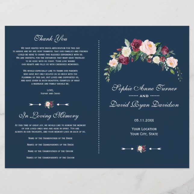 Flyer Burgundy Blush Floral Marinho Blue Wedage Program (Frente)