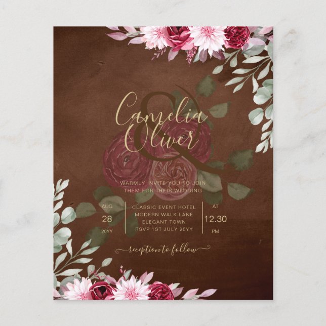 Flyer Burgundy Brown Floral Winter Casamento outono Invi (Frente)