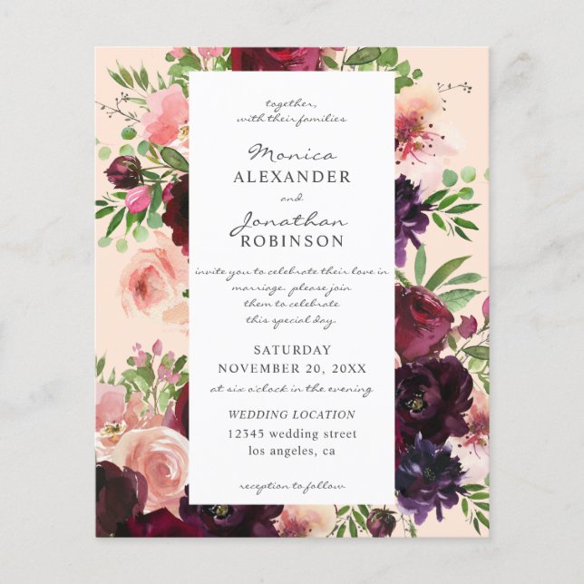 Flyer Burgundy e Blush Floral Casamento a Rosa (Frente)