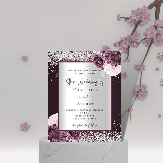 Flyer Burgundy prata floral convite para casamento (Criador carregado)