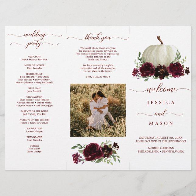 Flyer Burgundy Pumpkin Fall Tri-Fold Wedding Program (Frente)