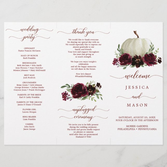Flyer Burgundy Pumpkin Fall Tri-Fold Wedding Program (Frente)