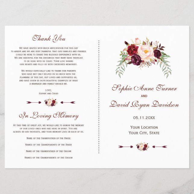 Flyer Burgundy Red Marsala - Programa de Casamento Flora (Frente)