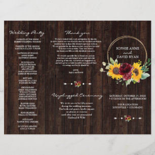Flyer Burgundy Sunflower Wood Tri+Fold Weding Program