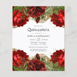 Flyer Burgundy Vermelho e Dourado Rosas Vintage Quinceañ
