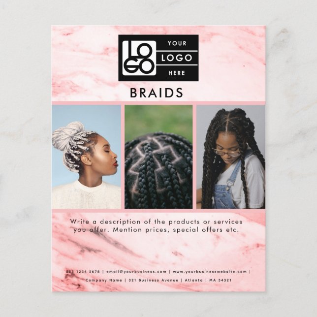 Flyer Business Logo Pink Marble Braids Hair 3 Photos  (Frente)