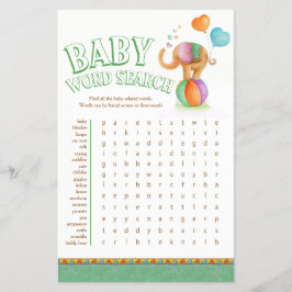 Flyer Caça-palavras de chá de bebê de elefante bebê