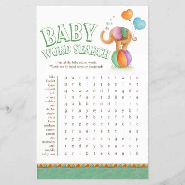 Flyer Caça-palavras de chá de bebê de elefante bebê (Frente)