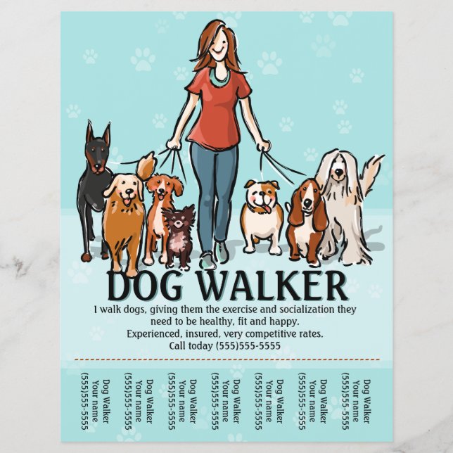 Flyer Cachorro Andando. Cachorro Walker. Folha (Frente)