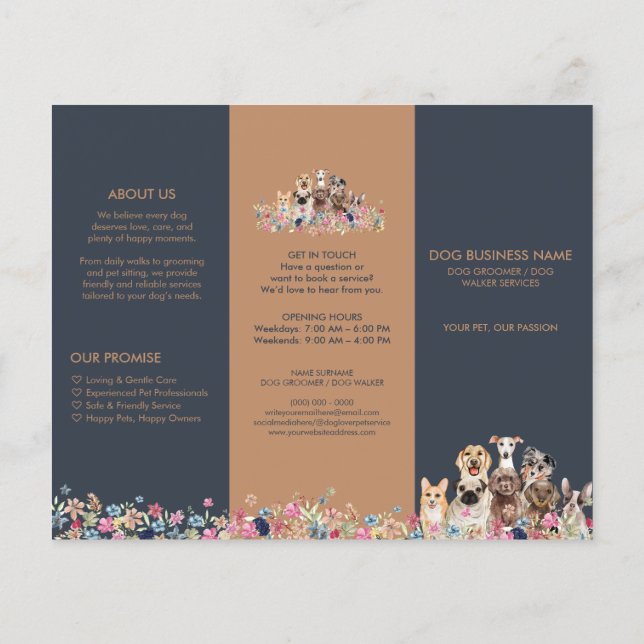 Flyer Cães Navy Elegantes Cuidados com Animais Florais (Verso)