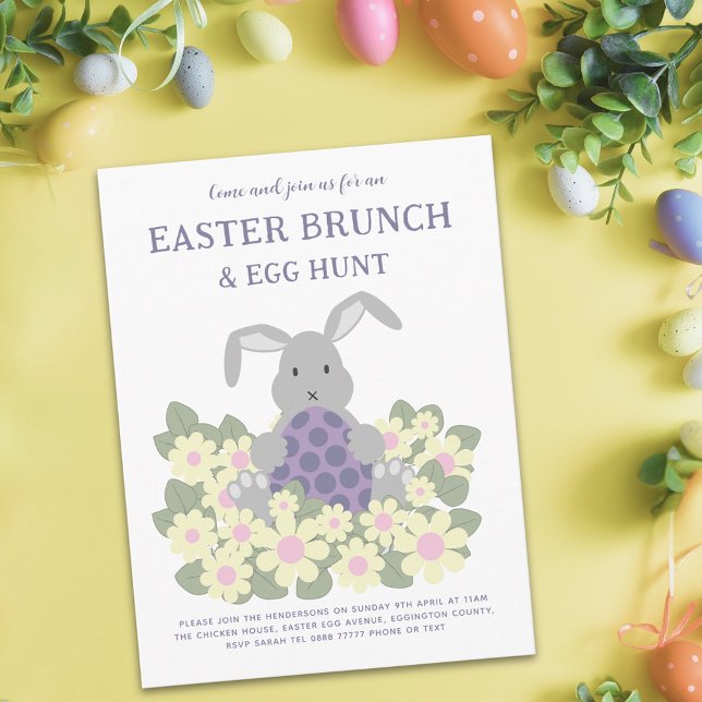 Flyer Café da Manhã Caça aos Ovos de Páscoa Coelhinho Fo (Easter egg hunt spring brunch cute bunny floral budget invitation)