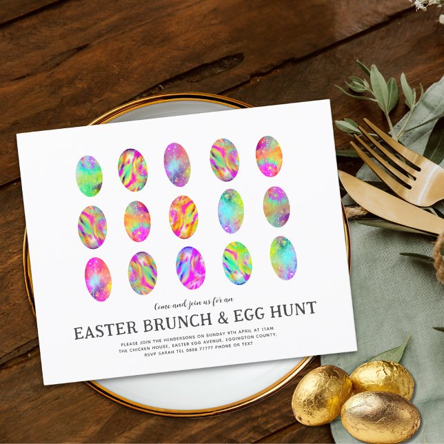 Flyer Café da Manhã de Caça aos Ovos de Páscoa Aquarela  (Easter brunch and egg hunt colorful watercolor Easter egg art spring garden party budget invitations)