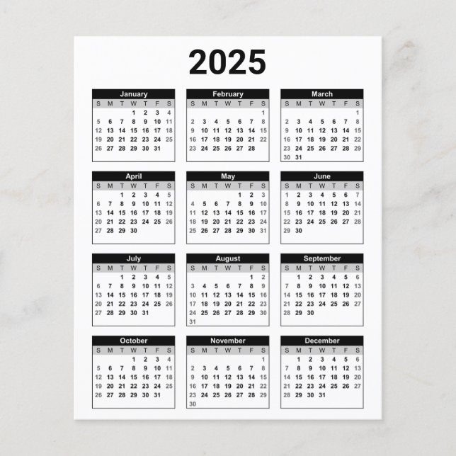 Flyer Calendário geral de 2025 em preto e branco (Frente)