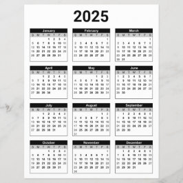 Flyer Calendário geral de 2025 em preto e branco