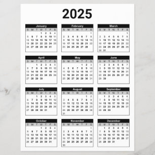 Flyer Calendário geral de 2025 em preto e branco