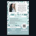 Flyer Calm Teal Leaves Wellness Promo Small Business<br><div class="desc">Teal and white marketing flyers for your small business personalized with your logo, photos, QR code, and custom text with greenery sprigs with simple leaves in soft shades of teal and cool blue. Personalized promo flyers for your small business, perhaps therapy, counseling, wellness, and more. Add photos, address, social media,...</div>