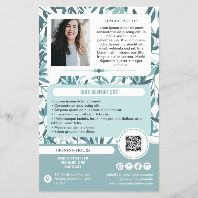 Flyer Calm Teal Leaves Wellness Promo Small Business (Verso)