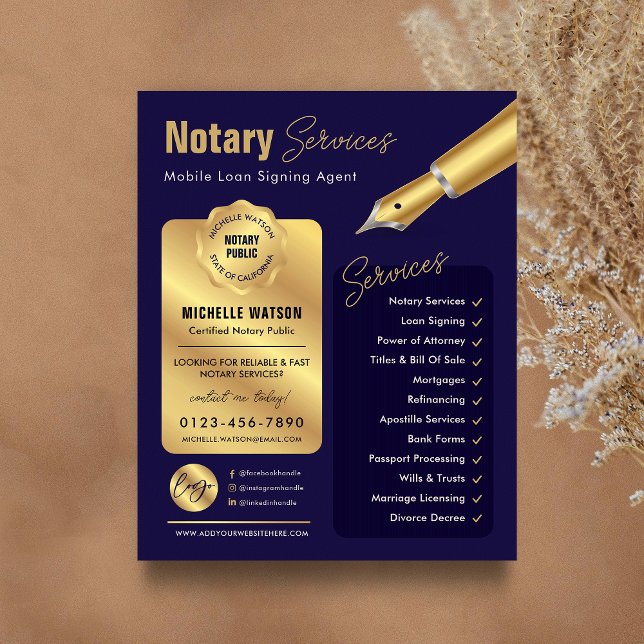 Flyer Carimbo do agente de assinatura de empréstimo notá (Modern navy blue and gold notary public marketing flyer with your custom photo and logo)