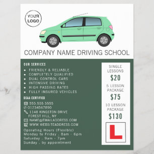 Flyer Carro Verde Moderno, Escola de Condução, Instrut