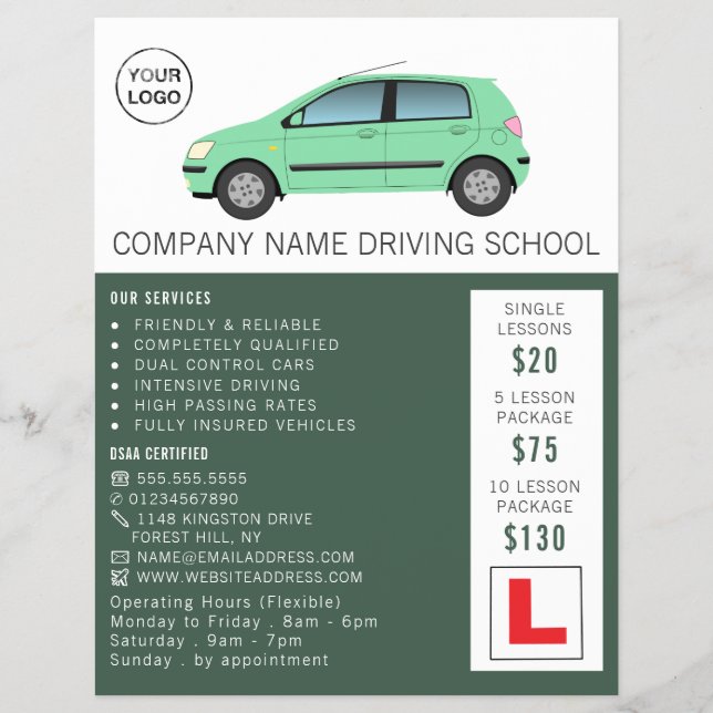 Flyer Carro Verde Moderno, Escola de Condução, Instrutor (Frente)