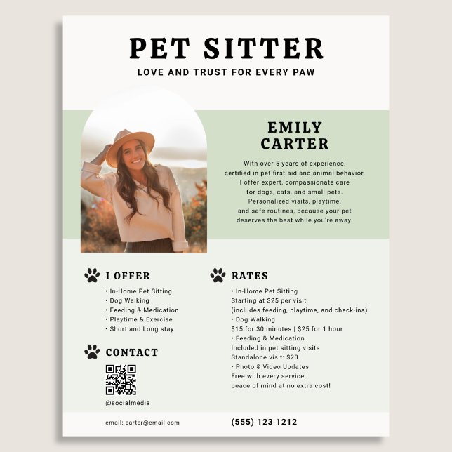 Flyer Cartaz com Código QR do Pet Sitter Photo Sage (Criador carregado)