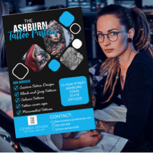 Flyer Cartaz de Estúdio de Tatuagem - Preto azul persona