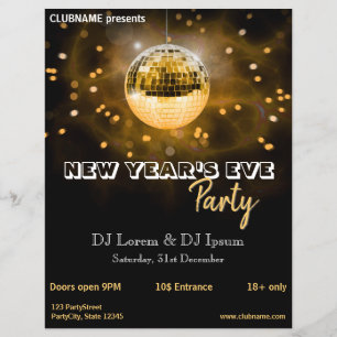 Flyer Cartaz de Festa de Ano Novo Moderno Dourado Bola d