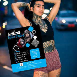 Flyer Cartaz de Salão de Tatuagem - Preto azul personali