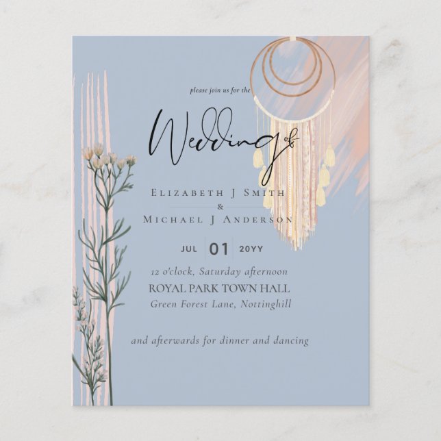 Flyer Casamento Azul Boho Dusty de MENOR PREÇO (Frente)