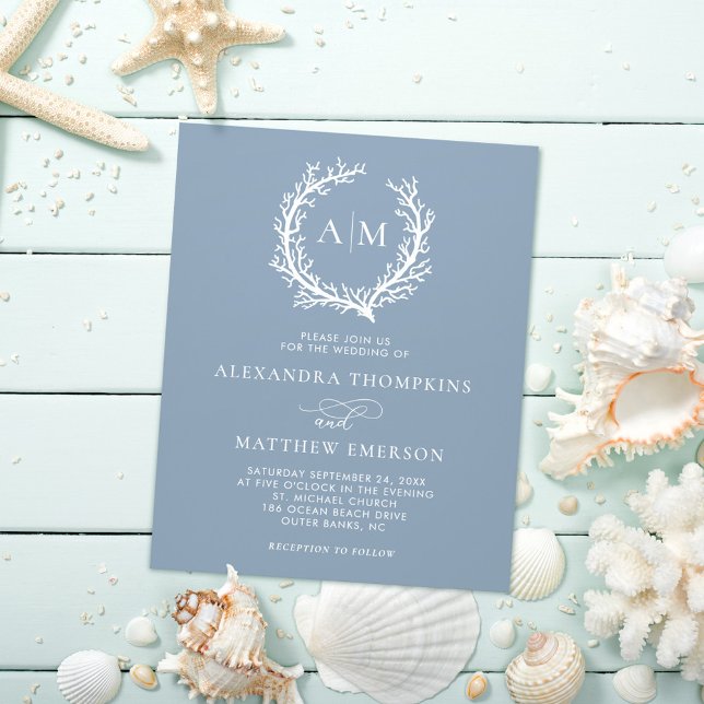 Flyer Casamento Azul Dusty com Recife de Coral Náutico (Criador carregado)