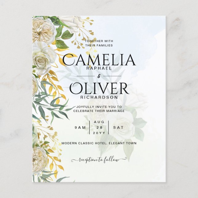 Flyer Casamento Botânico de Rosas Brancas Elegantes All- (Frente)