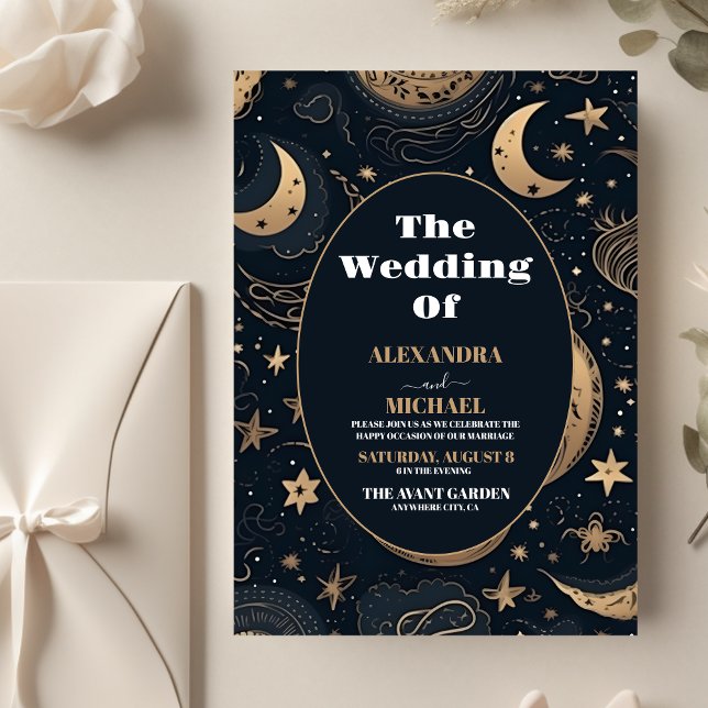 Flyer Casamento Celestial Azul Dourado à Meia-Noite (Criador carregado)