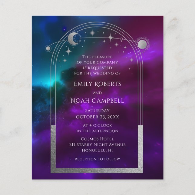 Flyer Casamento Celestial Roxo Turquesa Prata Sol Lua (Frente)
