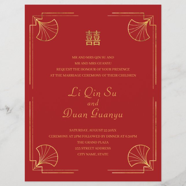 Flyer Casamento Chinês de Dupla Felicidade Vermelha e Do (Frente)