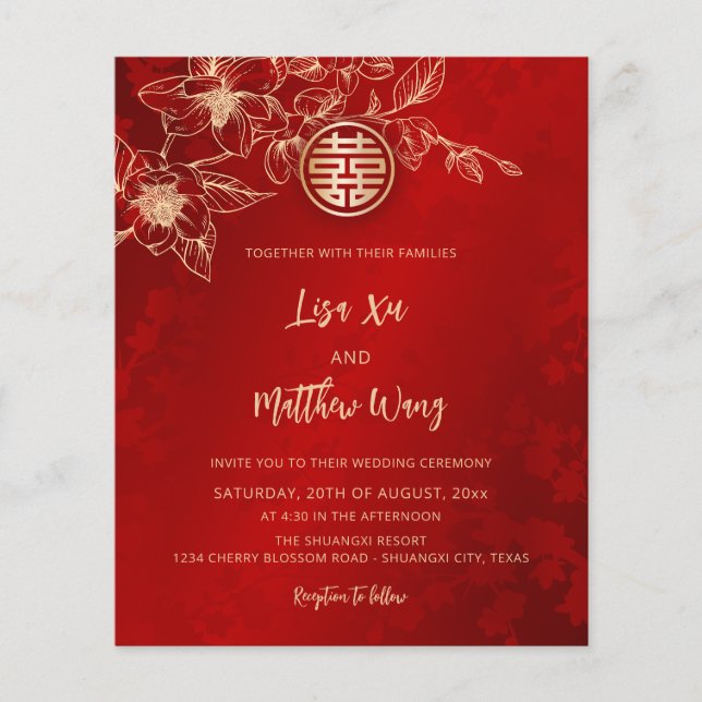 Flyer Casamento Chinês Vermelho Dourado Magnólia (Frente)