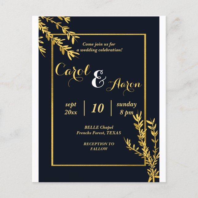 Flyer casamento clássico de ouro e preto de luxo (Frente)