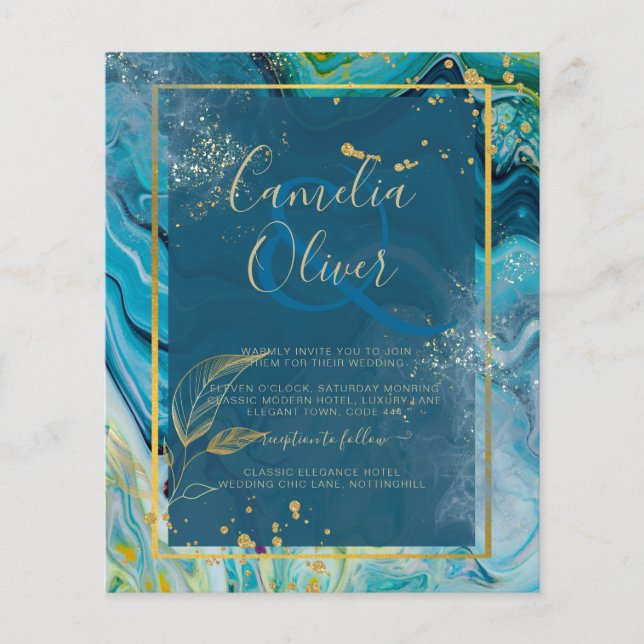 Flyer Casamento com Abstrato de Pavock Blue Dourado INK (Frente)