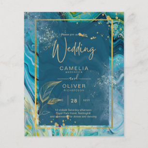Flyer Casamento com Abstrato de Pavock Blue Dourado INK